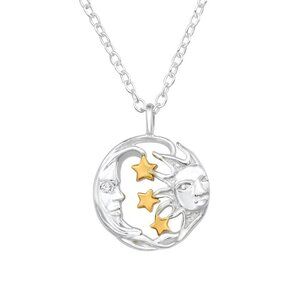 Sterling Silver Two Tone Moon and Stars Celestial Necklace